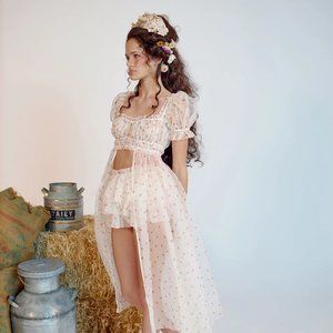 Selkie La Fraise Strawberry Print Silk Gauze Boudoir Dress - XS / NWOT